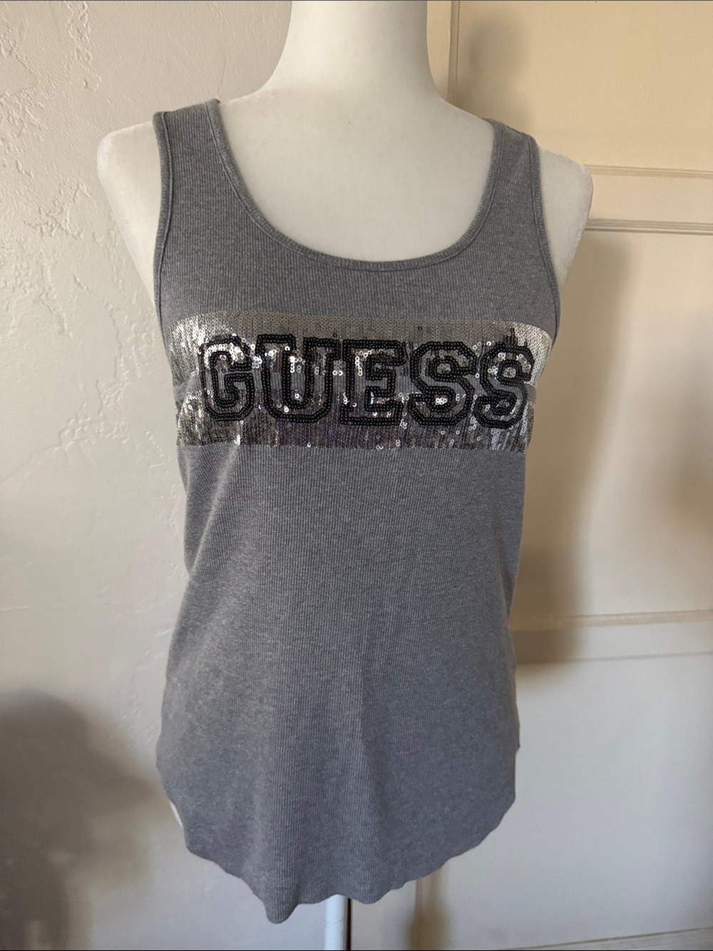 GUESS Gray Sequin Logo Ribbed Tank Top